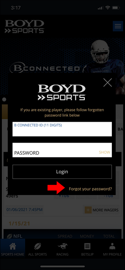 Boyd Sports Forgot Password Screen