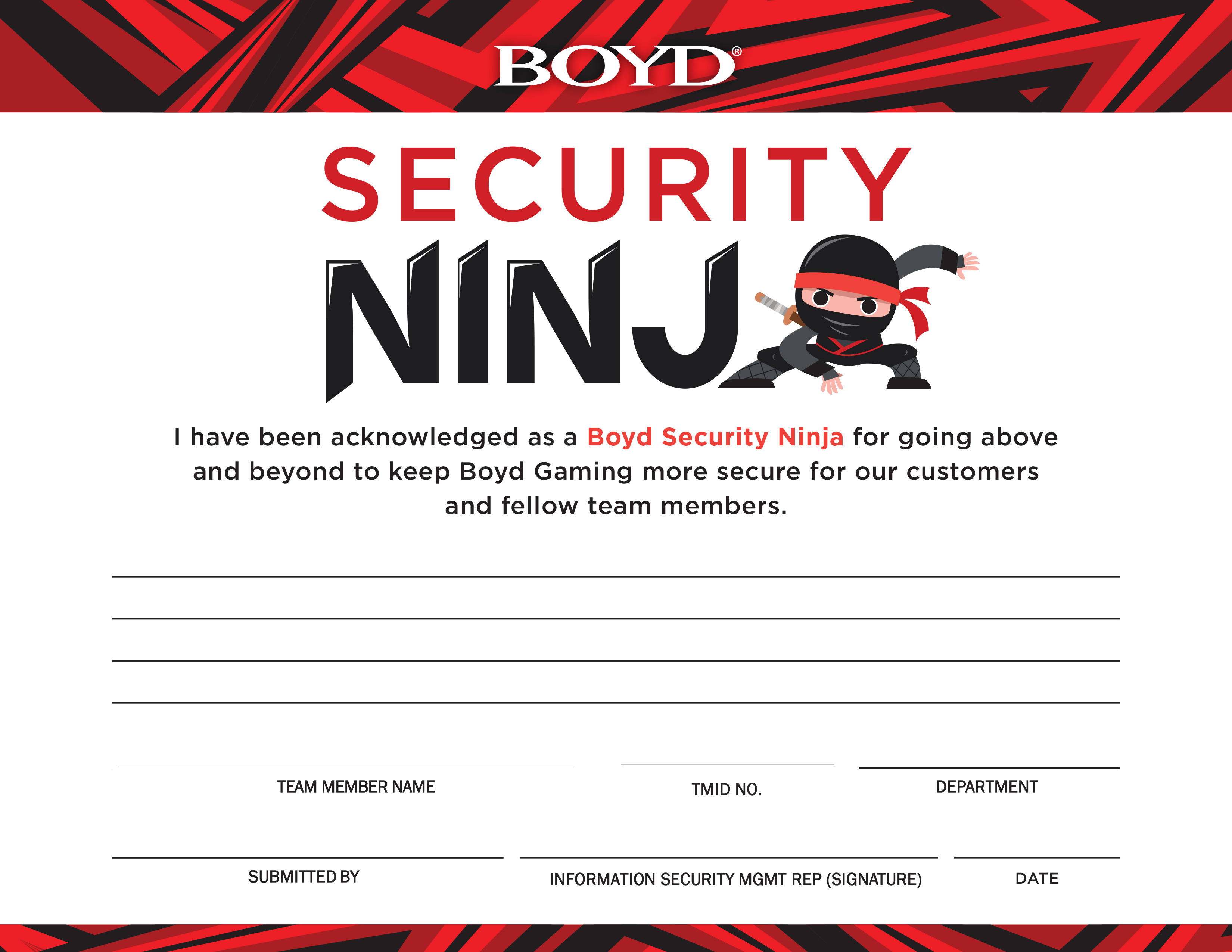 Boyd Security Ninja Recognition Program certificate